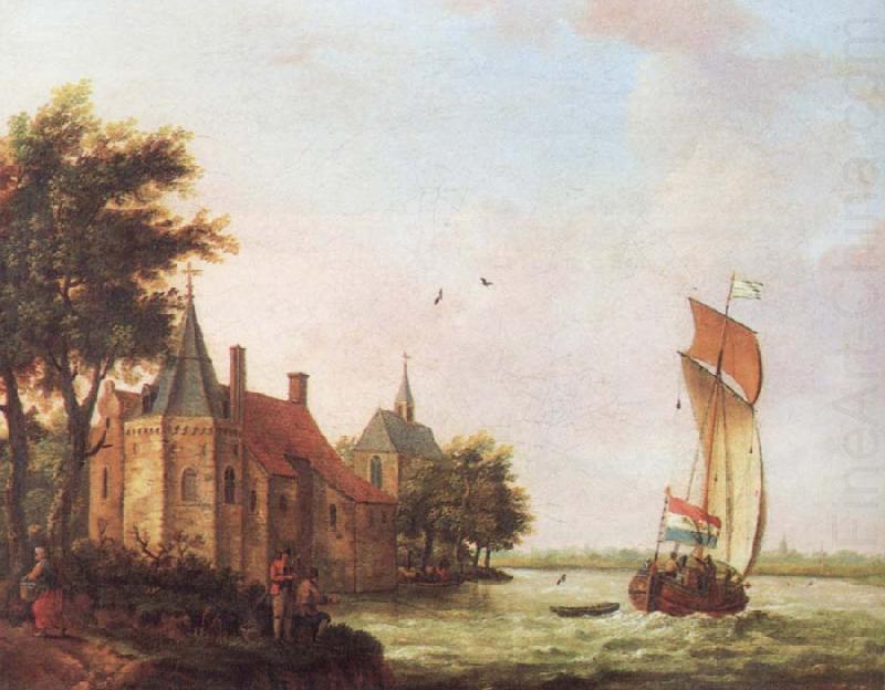 Francis Swaine A wooded river landscape in Hoolland with a Dutch hooder under sail in a brisk wind china oil painting image